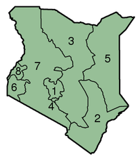 The provinces of Kenya. The numbers refer to those in the text - officially, the provinces are not numbered.