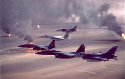 Coalition aircraft flying over Kuwaiti oil fires during Operation Desert Storm