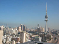 The skyline of Kuwait City. At 372 m (1,220 ft), the Liberation Tower (seen in background) is the world's 13th tallest free-standing structure.