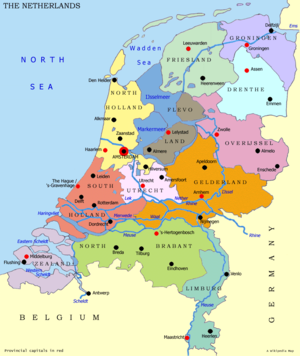 Map of The Netherlands, with red dots marking the capitals of the provinces and black dots marking other notable cities