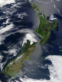 A satellite image of New Zealand. Lake Taupo and Mount Ruapehu are visible in the centre of the North Island. The Southern Alps and the rain shadow they create are clearly visible on the South Island