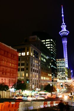 Auckland at night, with the Sky Tower in the background