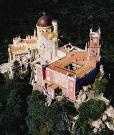 Palace of Pena in Sintra, over big mountain top rocks, is a mixture of neo-gothic, neo-manueline, neo-islamic, and neo-renaissance styles. (courtesy IPPAR)