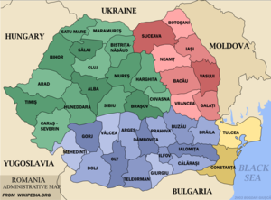 Administrative map of RomaniaTransylvania is green, Wallachia blue, the Moldavian region red, and Dobrogea yellow