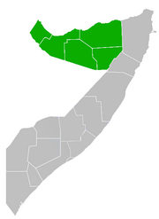 Map showing the regions of Somalia, with those in Somaliland in green