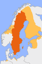 The Swedish Empire in 1658 (orange) overlayed by present day Sweden (red)
