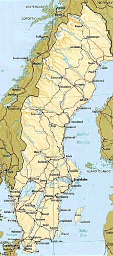 A map of Sweden with largest cities and lakes and most important roads and railroads, from a printed CIA World Factbook