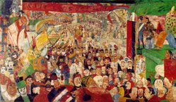 The Entry of Christ into Brussels, James Ensor, 1888, Malibu. This painting is inspired by the many folk festivals in Belgium.