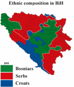 Ethnic composition of Bosnia & Herzegovina in 2005.  Green: Predominantly ethnic Bosniaks  Red: Predominantly ethnic Serbs  Blue: Predominantly ethnic Croats