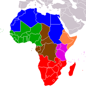 Regions of Africa. Blue: North Africa, green: West Africa, brown: Central Africa, orange: Horn of Africa, magenta: East Africa, red: Southern Africa.
