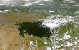 The lake as seen from space, looking west, with other members of the African Great Lakes forming an arc in the middle distance. The cloud-covered forests of the Congo can be made out in the distance.