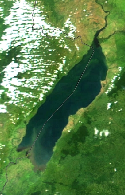 Lake Albert on a 2002 NASA MODIS satellite picture. The dotted grey line is the border between Congo (DRC) (left) and Uganda (right).