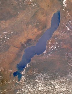Lake Malawi seen from the Space Shuttle.  Likoma and Chizumulu islands are visible near the centre of the image
