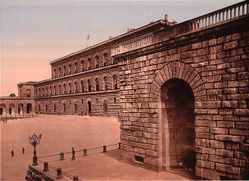 Early, tinted 20th-century photograph of the Palazzo Pitti, then still known as La Residenza Reale following the residency of King Emmanuel II between 1865&ndash;71, when Florence was the capital of Italy.