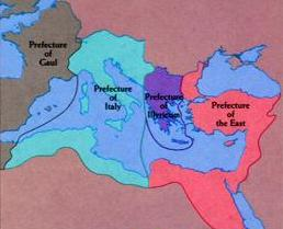 Map of the Roman Empire ca. 379 AD, showing the praetorian prefectures of Gaul, Italy, Illyricum and Oriens (east), roughly analogous to the four Tetrarchs' zones of influence after Diocletian's reforms.