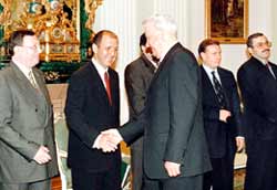 A number of prominent oligarchs, including Mikhail Khodorkovsky (far right), pictured with Boris Yeltsin in the mid-1990s