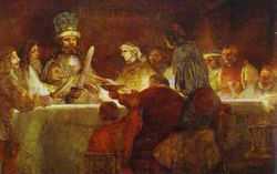 The Conspiracy of Julius Civilis, completed in 1661 by Rembrandt, the best-known painter of the Dutch Golden Age. It depicts a Batavian oath to Gaius Julius Civilis, the head of the Batavian rebellion against the Romans in 68 AD. It was to be hung in the city hall of Amsterdam, as a display of heroism analogous to that of the recent Eighty Years' War, that had led to independence from Spain. However, it was rejected because Rembrandt did not paint the figures as idealisations, but as real people.
