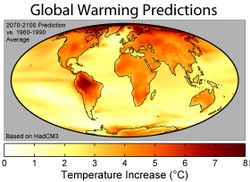 Shows the distribution of warming during the 21st century calculated by the HadCM3 climate model (one of those used by the IPCC) if a business as usual scenario is assumed for economic growth and greenhouse gas emissions.  The average warming calculated by this model is 3.0 °C.