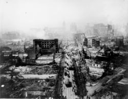 Smoldering ruins of San Francisco, taken from the tower of the Union Ferry Building on Market Street.