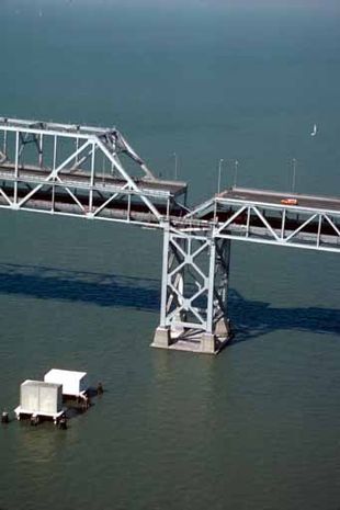 Collapsed E9 pier of the San Francisco-Oakland Bay Bridge, Interstate 80.