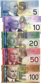 Five denominations of Canadian banknotes, depicting (from top to bottom) Wilfrid Laurier, John A. Macdonald, Queen Elizabeth II, William Lyon Mackenzie King, and Robert Borden.