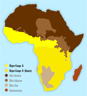 Map showing the approximate distribution of Bantu (dull yellow) vs. other Niger-Congo languages and peoples (bright yellow).