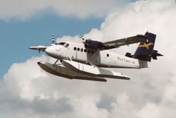A turboprop-engined DeHavilland Twin Otter adapted as a floatplane.