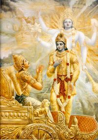 Lord Krishna revealing the eternal super-consciousness to Arjuna