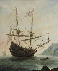 The Santa Maria at anchor, painted ca. 1628 by Andries van Eertvelt, shows the famous carrack of Christopher Columbus.
