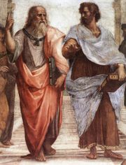 Plato (left) and Aristotle (right), a detail of The School of Athens, a fresco by Raphael.  Aristotle gestures to the earth, representing his belief in knowledge through empirical observation and experience, whilst Plato points up to the heavens showing his belief in the ultimate truth.