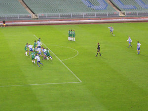 A direct free kick taken by the blue-white team.