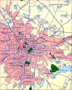 A street map of Bangalore depecting the Bangalore Cantonment enclave surrounded by Bangalore city localities.