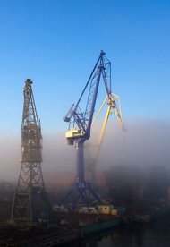 St Petersburg docks in the morning smog.