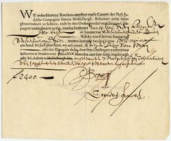 A bond issued by the Dutch East India Company, dating from 7 November 1623, for the amount of 2,400 florins