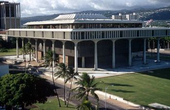 The Hawaii State Capitol is the centerpiece of Honolulu's collection of buildings in the Hawaiian international style of architecture.