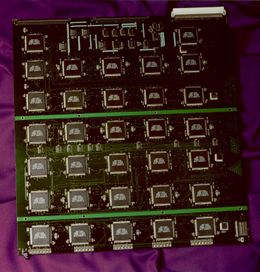 The EFF's US0,000 DES cracking machine contained over 18,000 custom chips and could brute force a DES key in a matter of days &mdash; the photograph shows a DES Cracker circuit board fitted with several Deep Crack chips