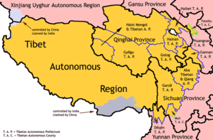 Ethnic Tibetan autonomous entities set up by the People's Republic of China. Opponents to the PRC dispute the actual level of autonomy.