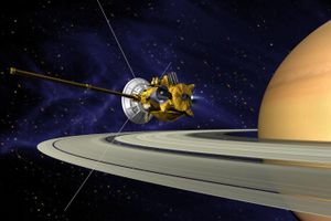 This is an artist's concept of Cassini during the Saturn Orbit Insertion (SOI) maneuver, just after the main engine has begun firing. Note that like many space-related artistic conceptions, colors, contrasts and brightnesses are non-factual.