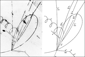 1974 discovery photograph of a possible charmed baryon, now identified as the &Sigma;c++