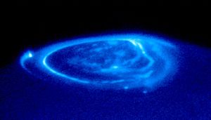 Aurora at Jupiter's north pole as seen in ultraviolet light by the Hubble Space Telescope.