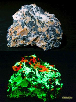 A Willemite, Calcite and Franklinite containing mineral sample as seen under visible light (top) and fluorescing under UV light (bottom).