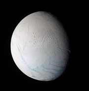False colour image of Enceladus taken by the Cassini-Huygens probe July 25, 2005.