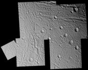 Figure 5: High-resolution mosaic of Enceladus' surface, showing several tectonic and crater degradation styles. Taken by Cassini on 9 Mar 2005