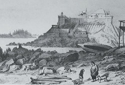 The Russian palisade atop "Castle Hill" (Noow Tlein) in Gájaa Héen (Old Sitka), circa 1827.