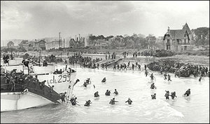 Troops of the Canadian 3rd Divisionand the 2nd Canadian Armoured Brigade land on Juno Beach.