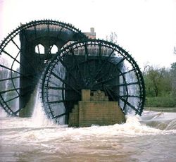 Undershot water wheels on the Orontes River in Hama, Syria