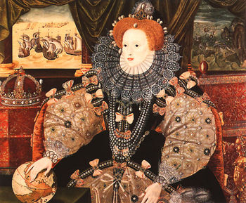 The above portrait was made in approximately 1588 to commemorate the defeat of the Spanish Armada (depicted in the background). Elizabeth I's international power is reflected by the hand resting on the globe.