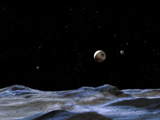 Artist's concept of the surface of S/2005 P 1. Pluto & Charon (right) & S/2005 P 2 (bright dot on left).