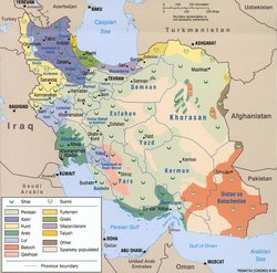 Map showing religious (Shia and Sunni) diversity among the population of Iran.