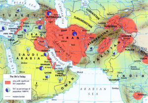 Approximate map of Shi'a Muslims in the Middle East and West Asia, 1989 to 1991. Shi'a live in many parts of the world but are significantly concentrated in this region.